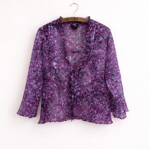 Vintage Studio 1940 Blouse Size L Tie Closure Pink Print Sheer  Ruffle Neck Y2K